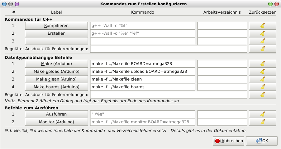 Bildschirmfoto Geany "Kommandos zum Erstellen konfigurieren"